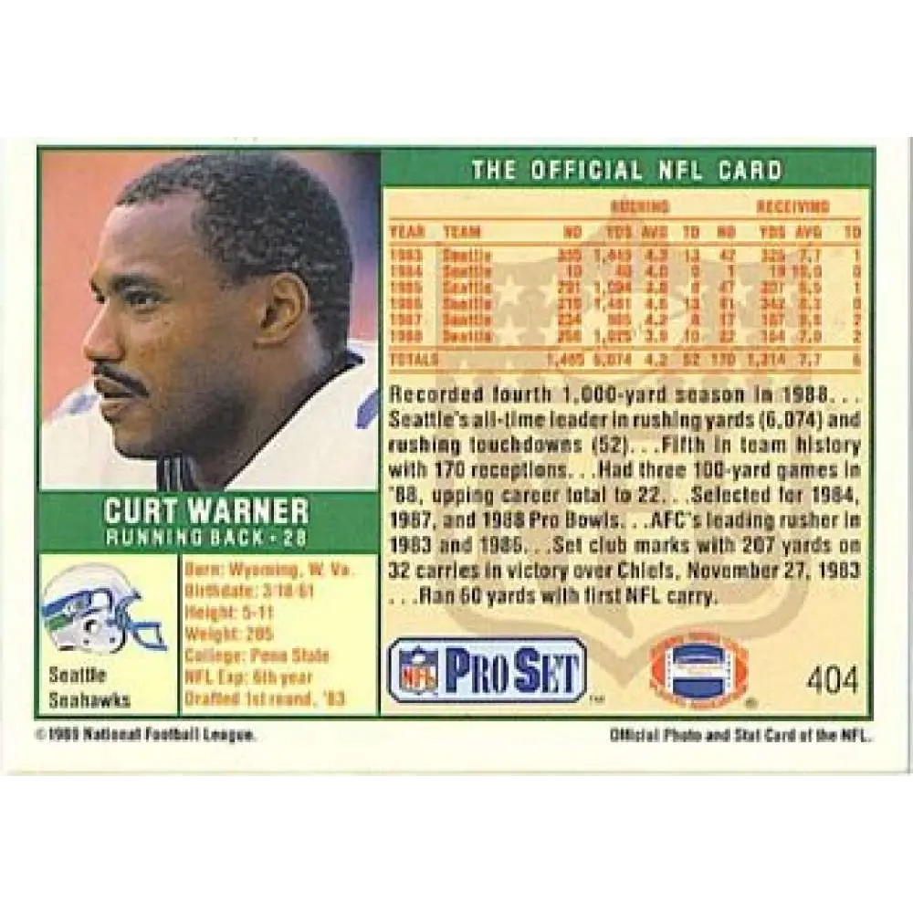 1989 Pro Set #404b Curt Warner NM-MT Seattle Seahawks Football Card Image 2