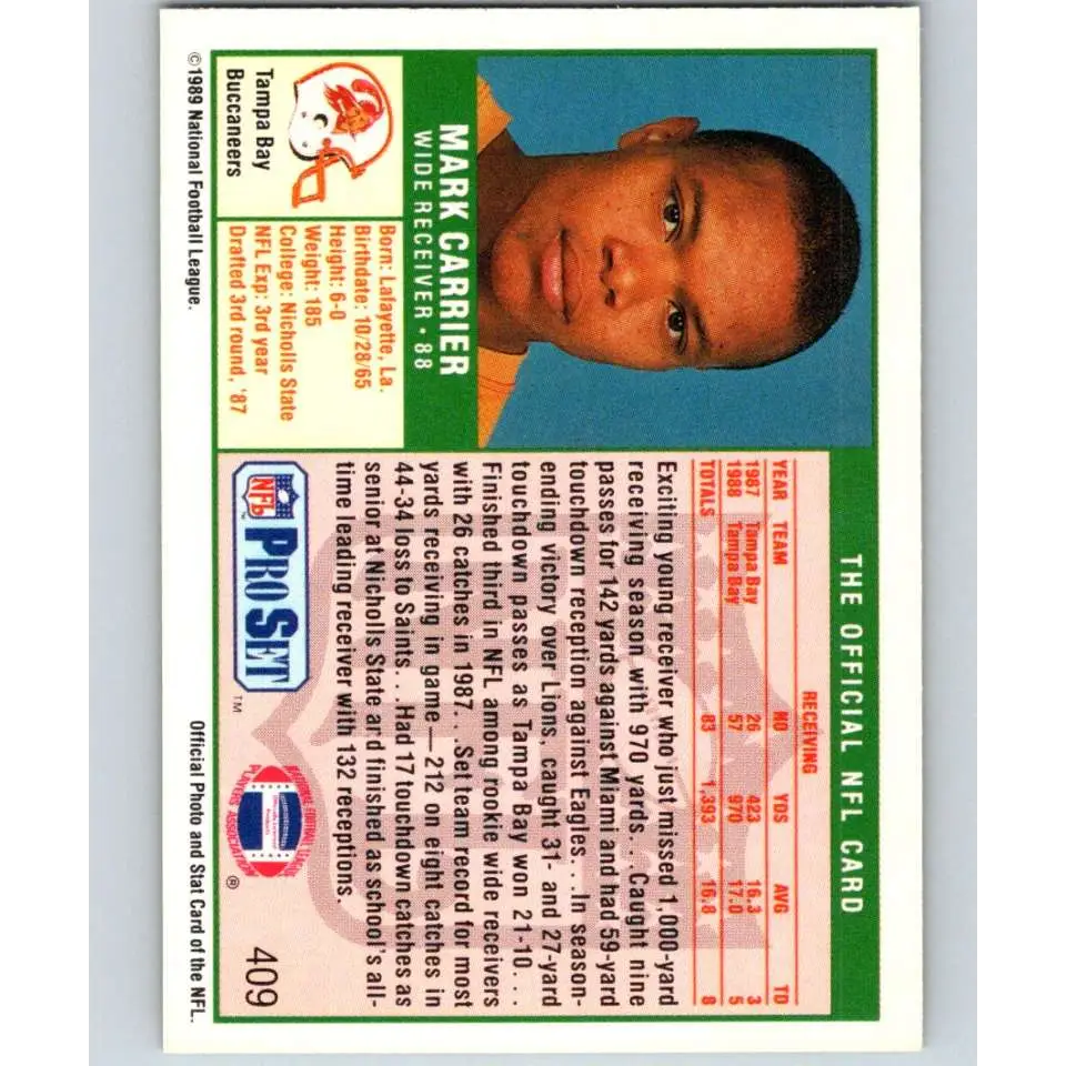 1989 Pro Set #409 Mark Carrier NM-MT RC Rookie Tampa Bay Buccaneers Football Card Image 2