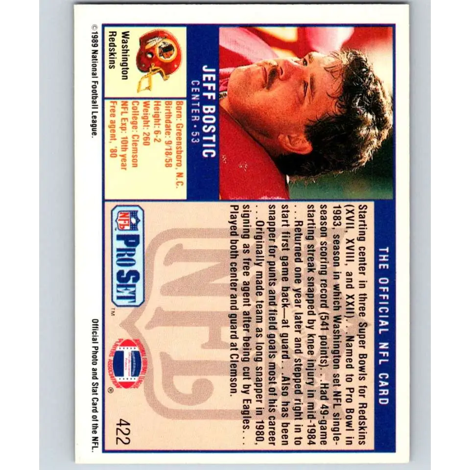 1989 Pro Set #422 Jeff Bostic NM-MT Washington Redskins Football Card Image 2