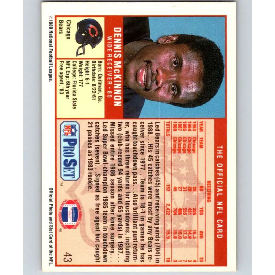 1989 Pro Set #43 Dennis McKinnon UER NM-MT Chicago Bears Football Card Image 2