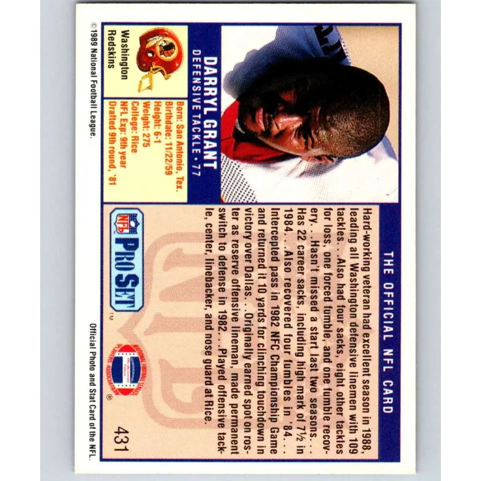 1989 Pro Set #431 Darryl Grant NM-MT Washington Redskins Football Card Image 2