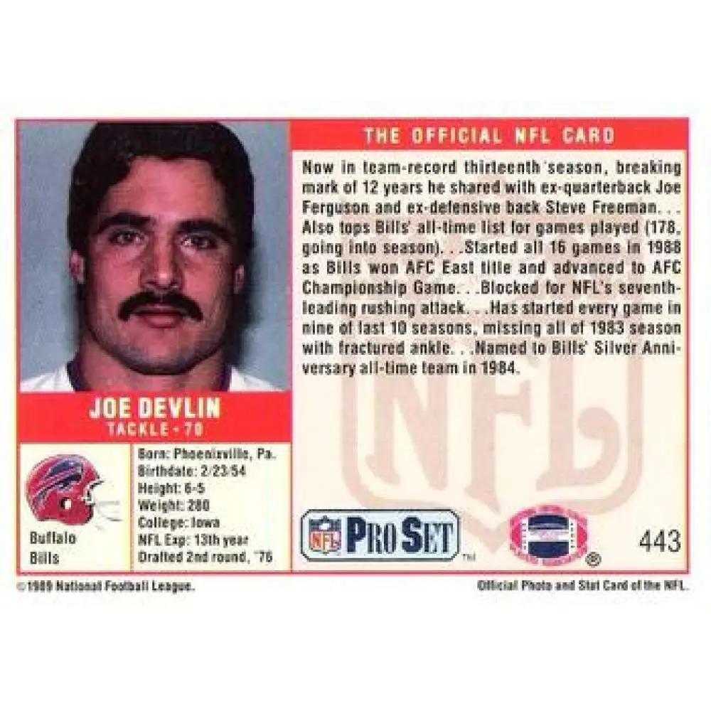 1989 Pro Set #443 Joe Devlin NM-MT Buffalo Bills Football Card Image 2
