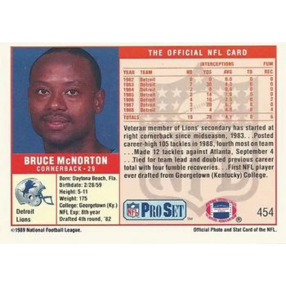 1989 Pro Set #454 Bruce McNorton NM-MT Detroit Lions Football Card Image 2