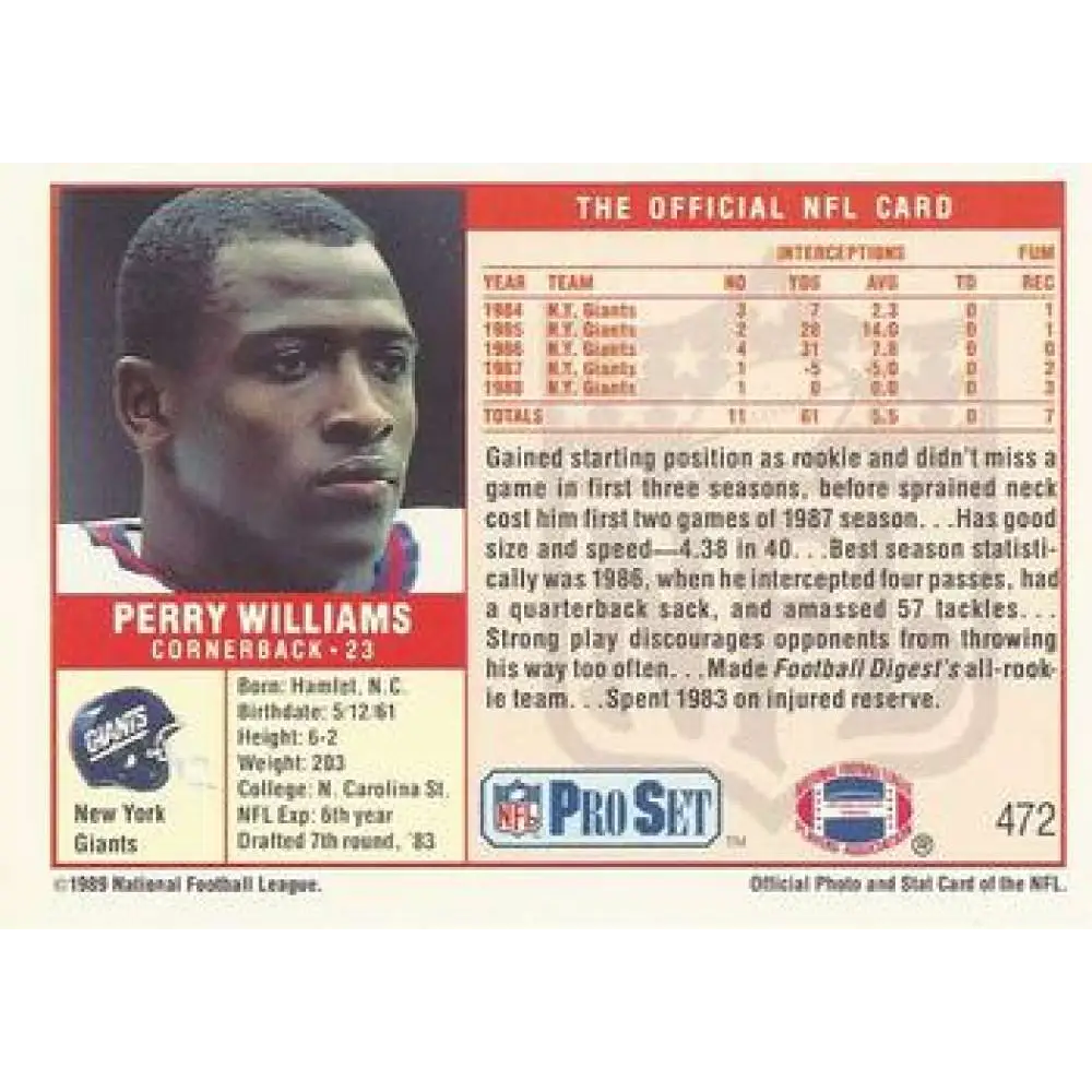 1989 Pro Set #472 Perry Williams NM-MT RC Rookie New York Giants Football Card Image 2
