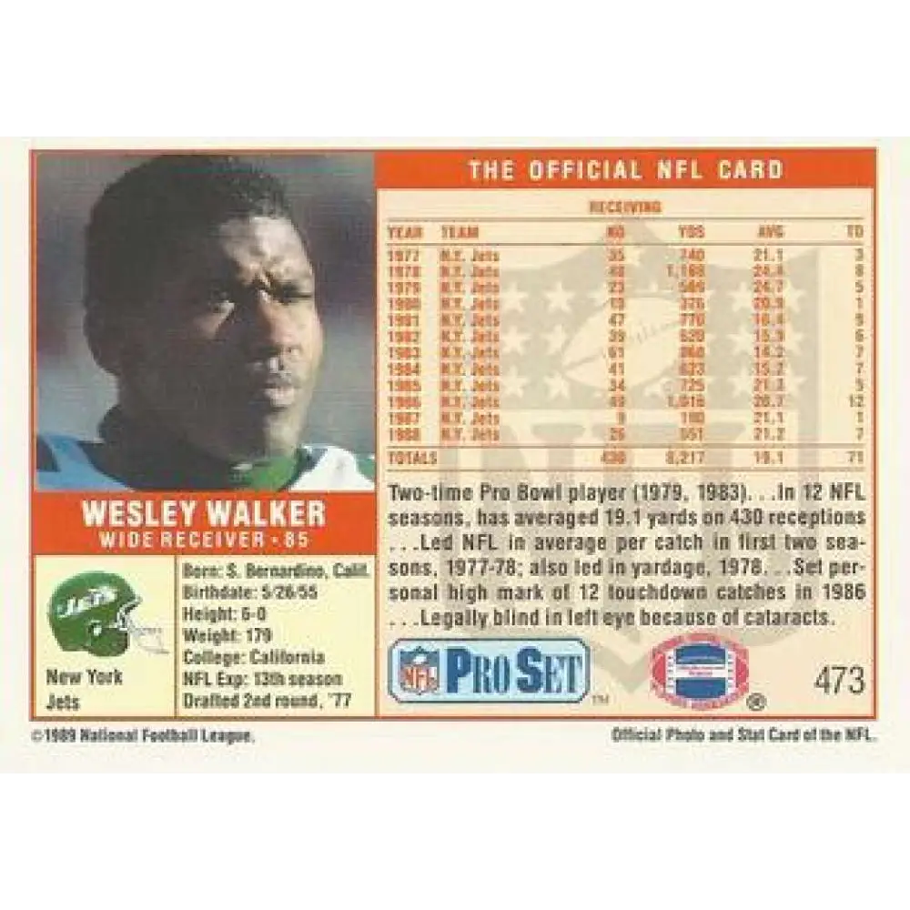 1989 Pro Set #473 Wesley Walker NM-MT New York Jets Football Card Image 2
