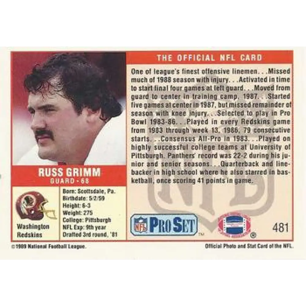 1989 Pro Set #481 Russ Grimm NM-MT Washington Redskins Football Card Image 2