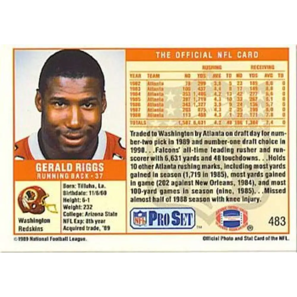 1989 Pro Set #483a Gerald Riggs NM-MT Washington Redskins Football Card Image 2