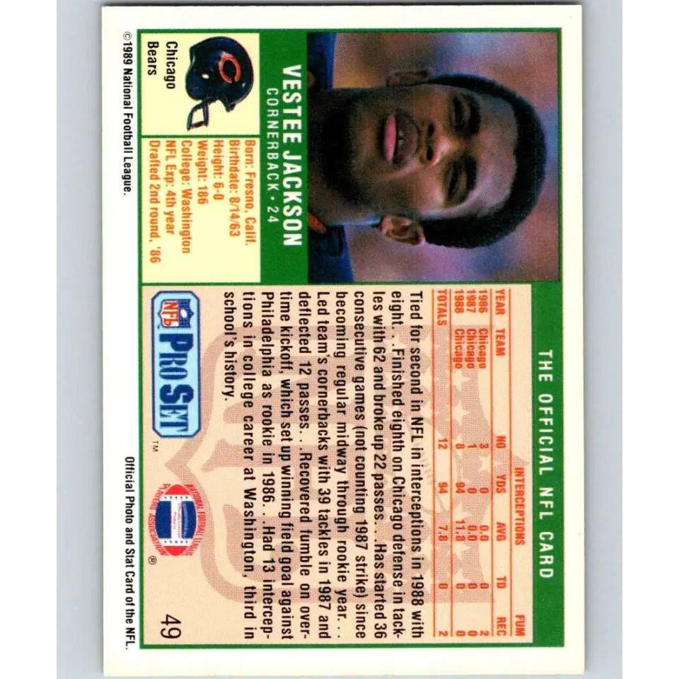 1989 Pro Set #49 Vestee Jackson NM-MT RC Rookie Chicago Bears Football Card Image 2