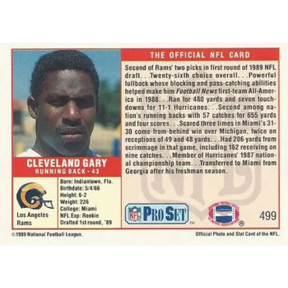 1989 Pro Set #499 Cleveland Gary NM-MT RC Rookie Los Angeles Rams Football Card Image 2
