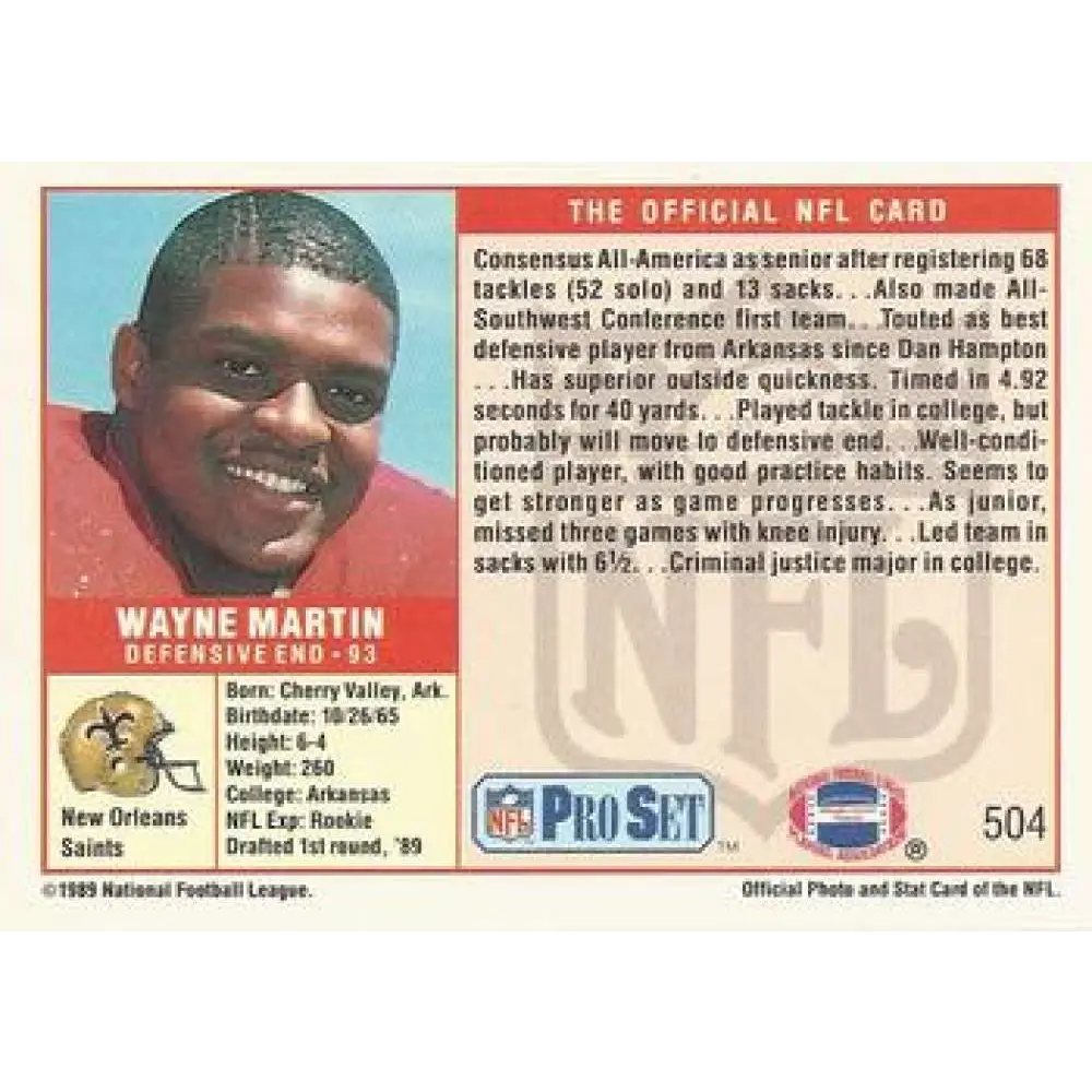 1989 Pro Set #504 Wayne Martin NM-MT RC Rookie New Orleans Saints Football Card Image 2