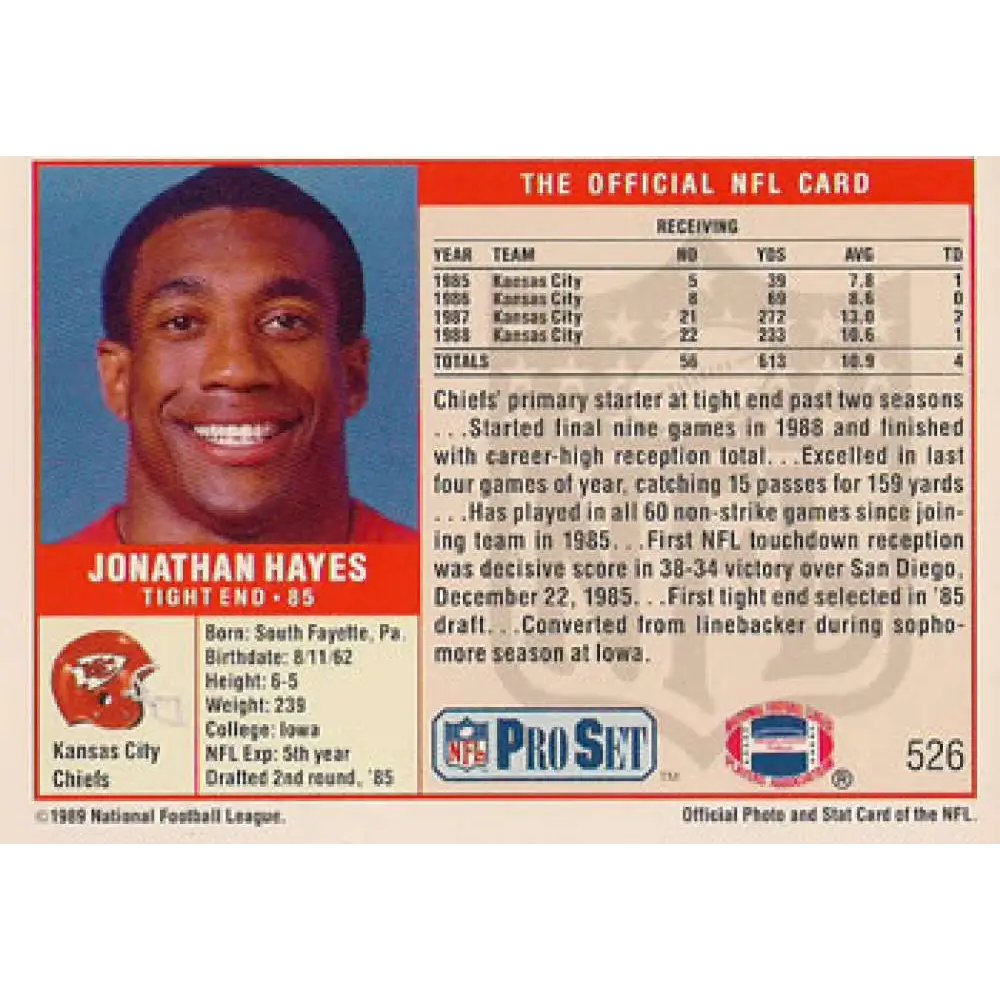 1989 Pro Set #526 Jonathan Hayes NM-MT RC Rookie Kansas City Chiefs Football Card Image 2