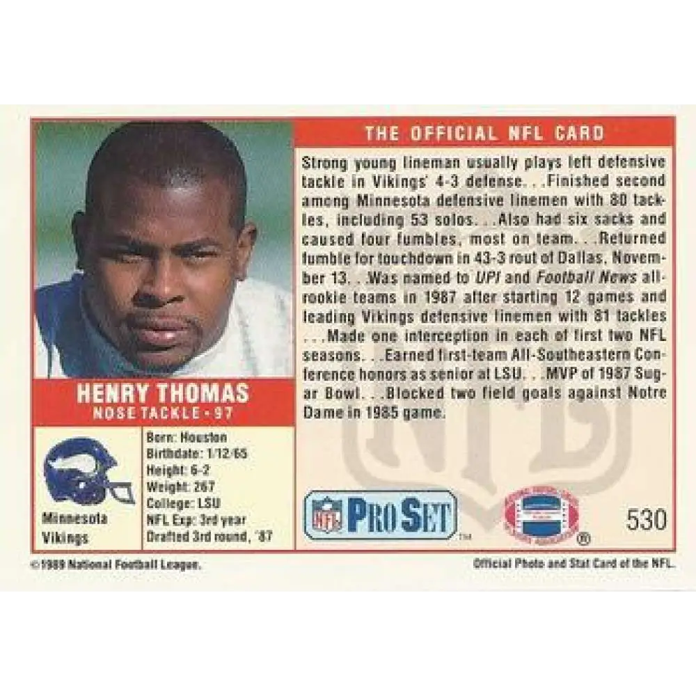 1989 Pro Set #530 Henry Thomas NM-MT Minnesota Vikings Football Card Image 2