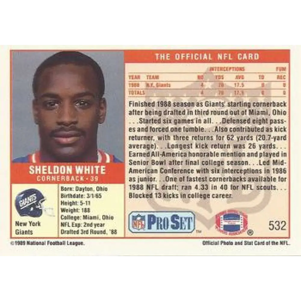1989 Pro Set #532 Sheldon White NM-MT RC Rookie New York Giants Football Card Image 2