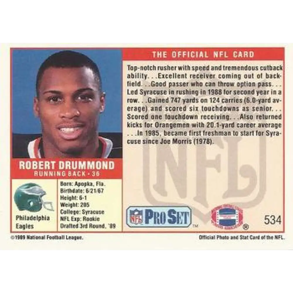 1989 Pro Set #534 Robert Drummond NM-MT Philadelphia Eagles Football Card Image 2