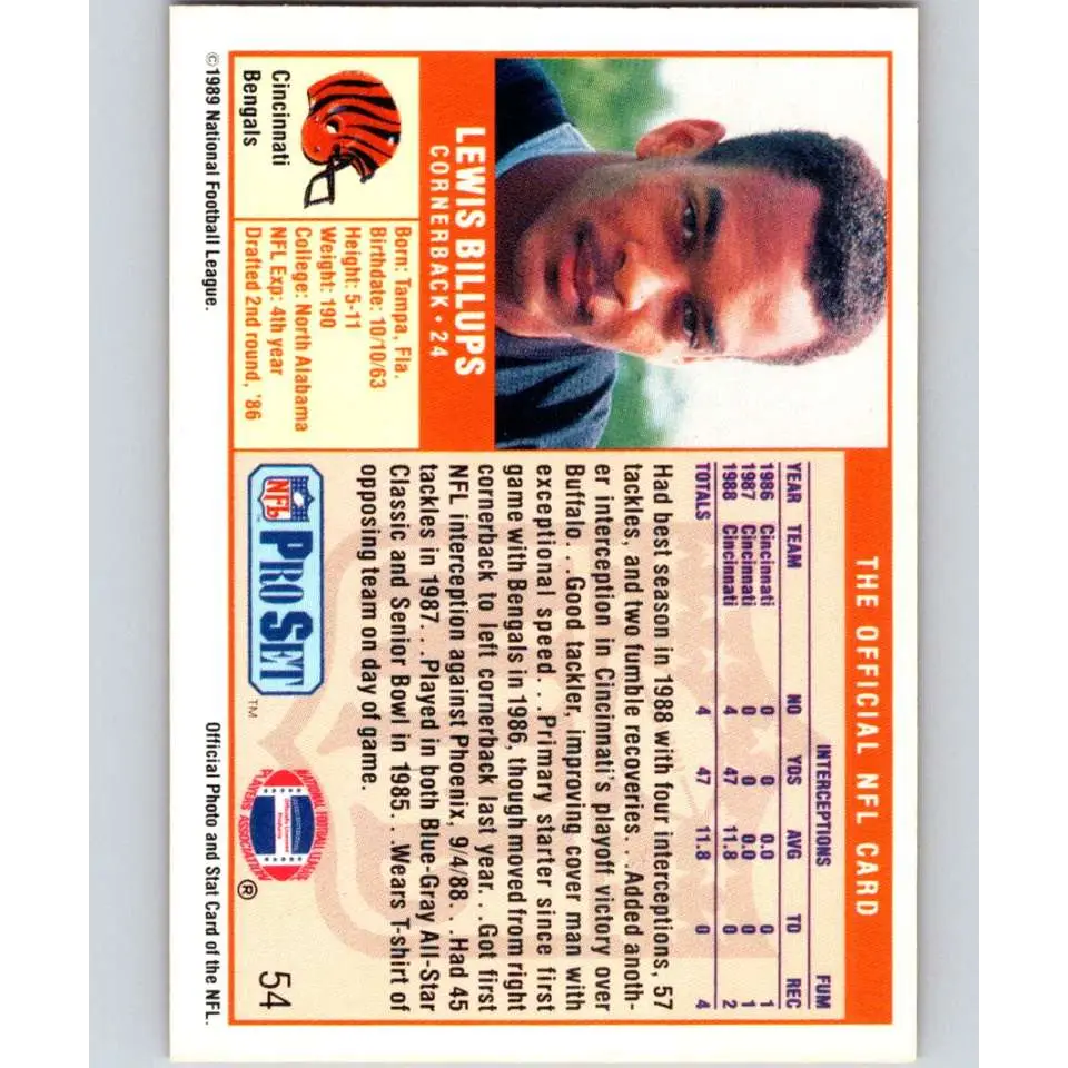 1989 Pro Set #54 Lewis Billups NM-MT Cincinnati Bengals Football Card Image 2