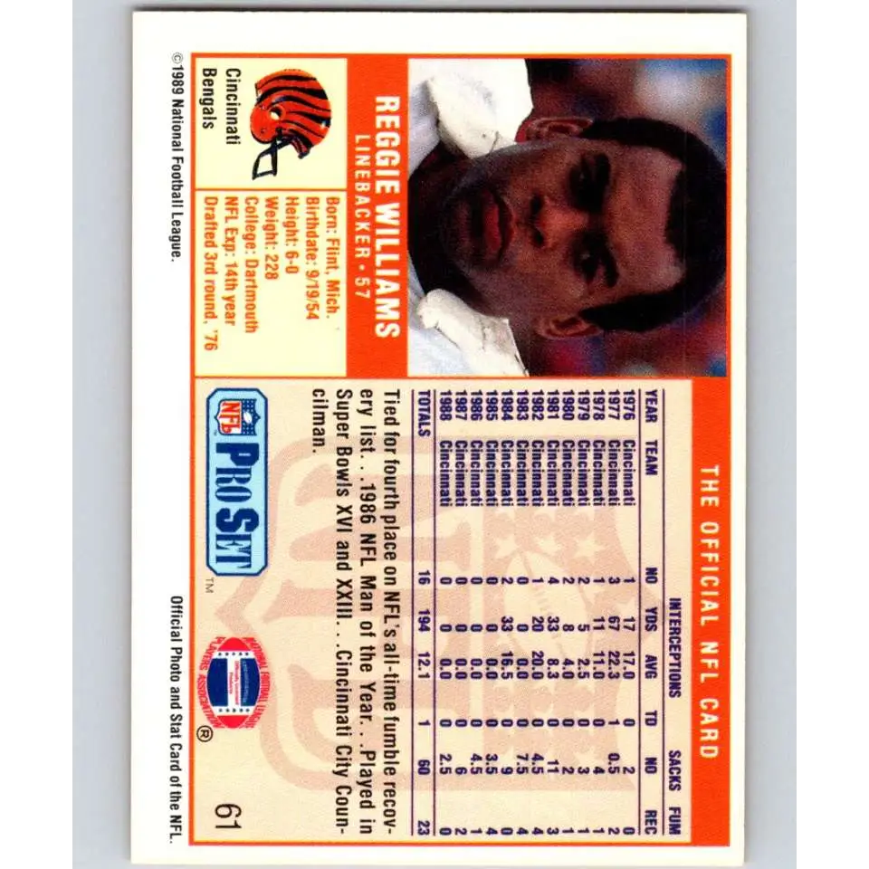 1989 Pro Set #61 Reggie Williams NM-MT Cincinnati Bengals Football Card Image 2