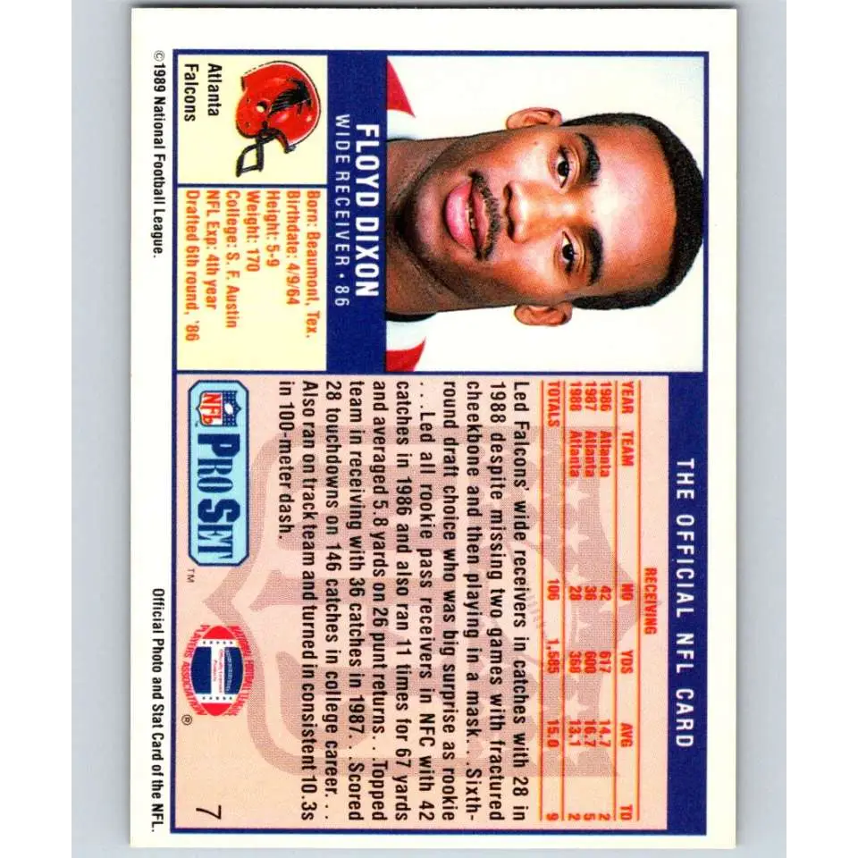 1989 Pro Set #7 Floyd Dixon NM-MT Atlanta Falcons Football Card Image 2