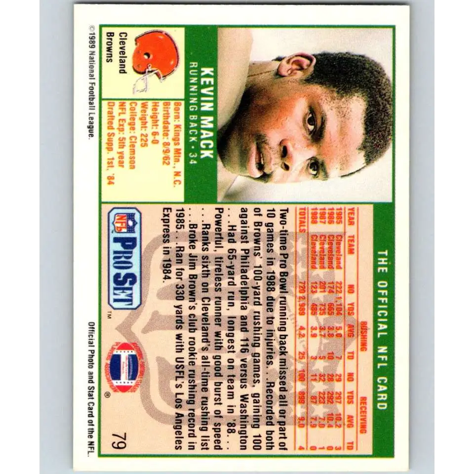 1989 Pro Set #79 Kevin Mack NM-MT Cleveland Browns Football Card Image 2