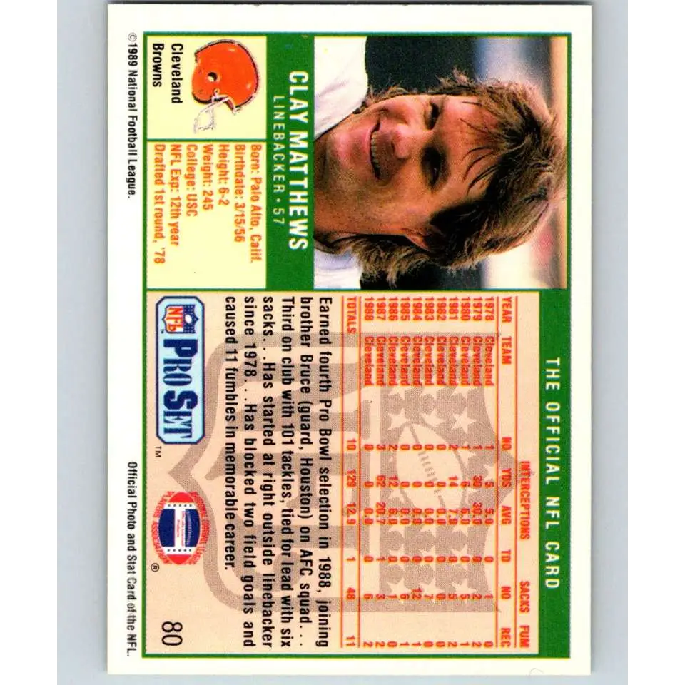 1989 Pro Set #80 Clay Matthews NM-MT Cleveland Browns Football Card Image 2