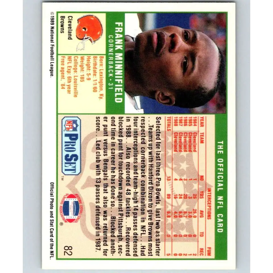 1989 Pro Set #82 Frank Minnifield NM-MT Cleveland Browns Football Card Image 2