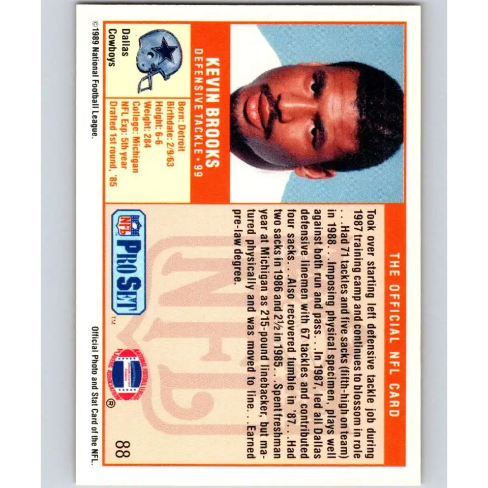 1989 Pro Set #88 Kevin Brooks NM-MT Dallas Cowboys Football Card Image 2