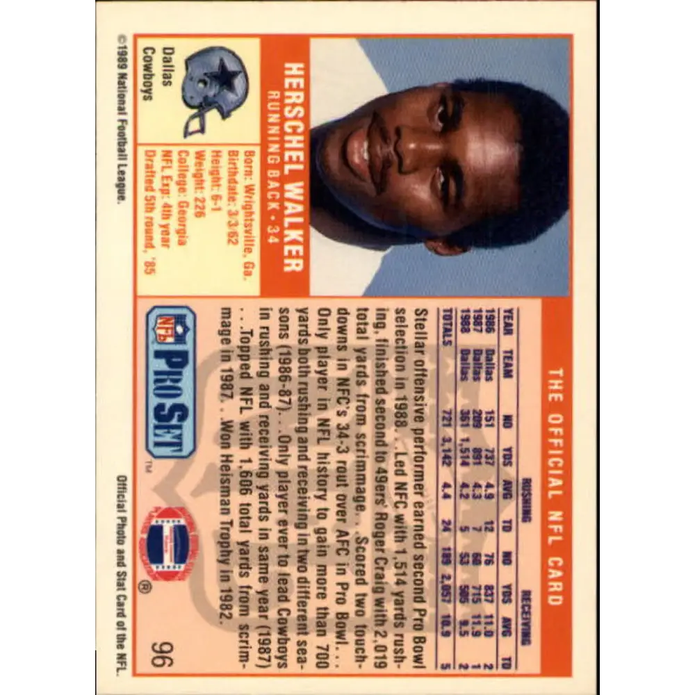 1989 Pro Set #96 Herschel Walker NM-MT Dallas Cowboys Football Card Image 2