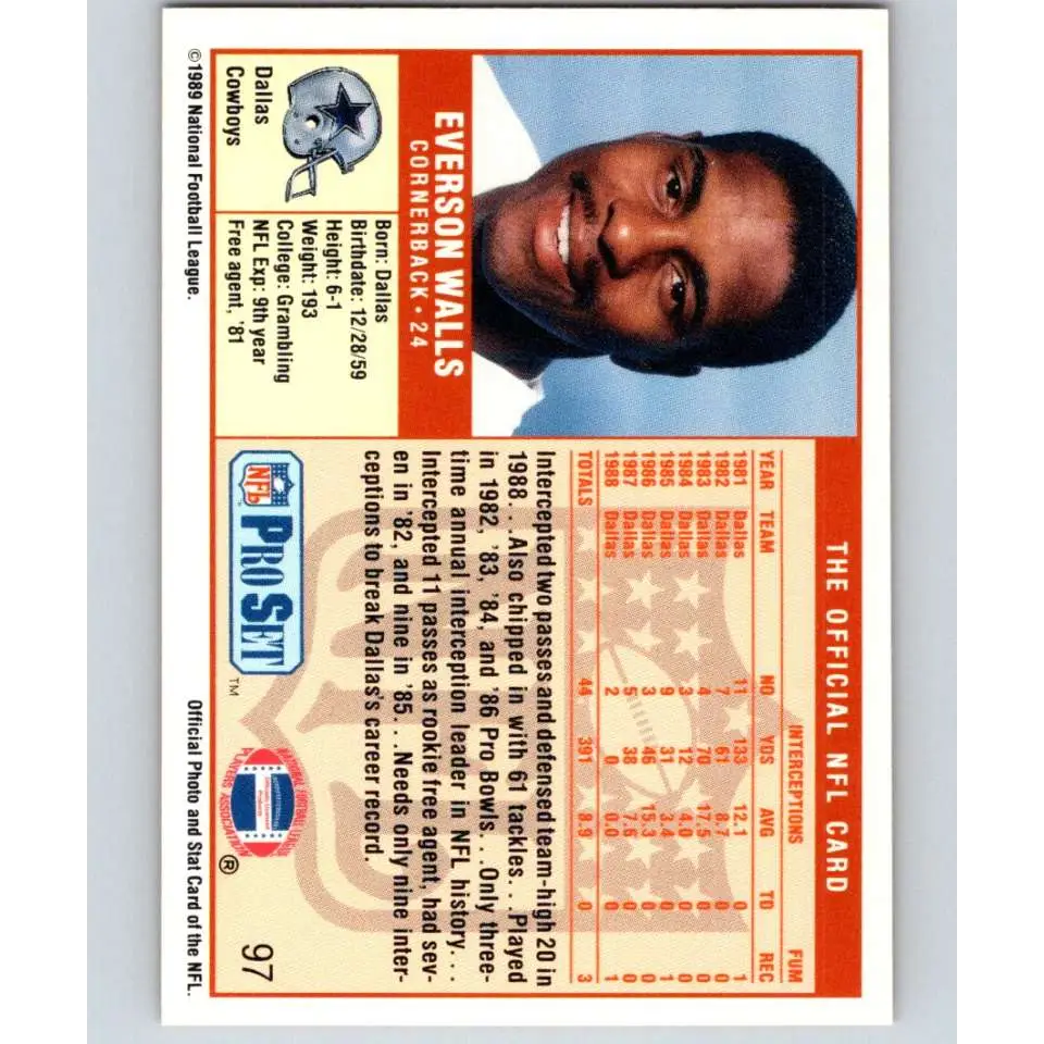 1989 Pro Set #97 Everson Walls NM-MT Dallas Cowboys Football Card Image 2