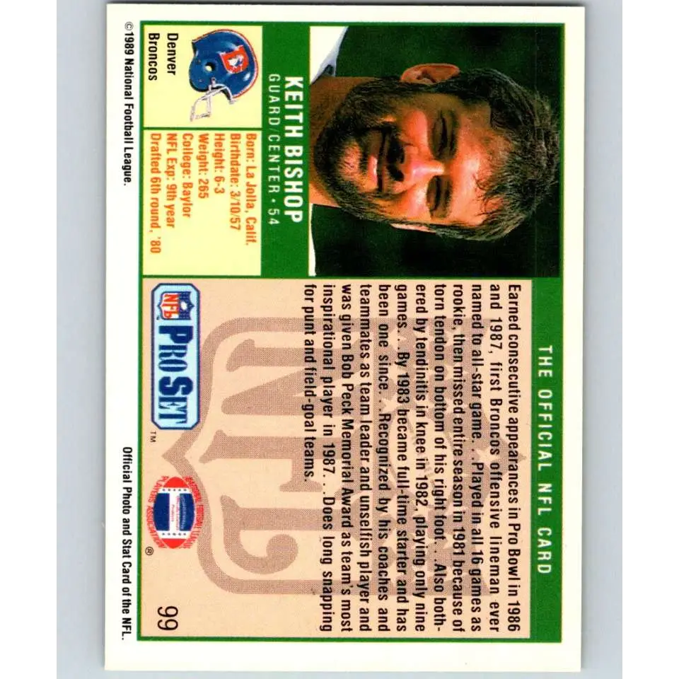 1989 Pro Set #99 Keith Bishop NM-MT Denver Broncos Football Card Image 2