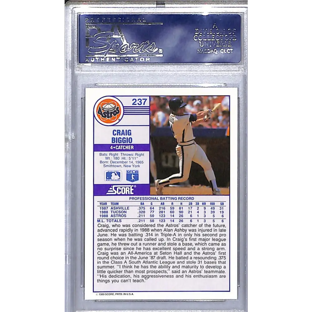 1989 Score #237 Craig Biggio PSA 10 GEM MINT Houston Astros Image 2