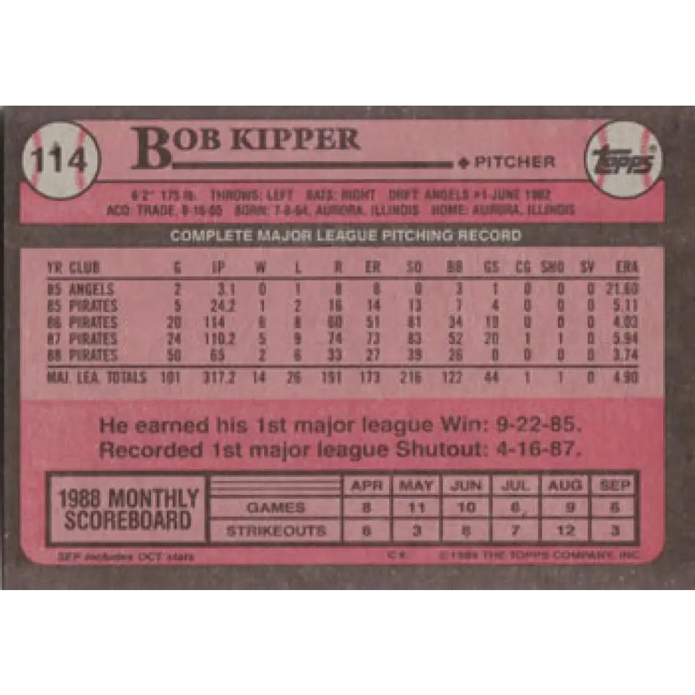 1989 Topps #114 Bob Kipper NM-MT Pittsburgh Pirates Baseball Card Image 2