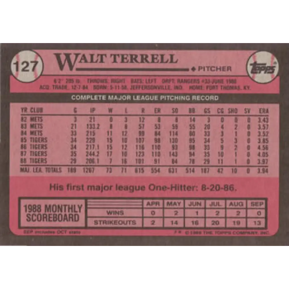 1989 Topps #127 Walt Terrell NM-MT Detroit Tigers Baseball Card Image 2