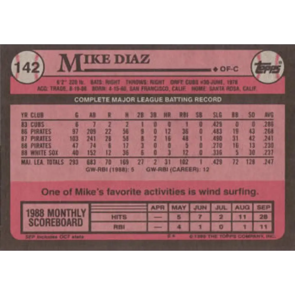 1989 Topps #142 Mike Diaz NM-MT Chicago White Sox Baseball Card Image 2
