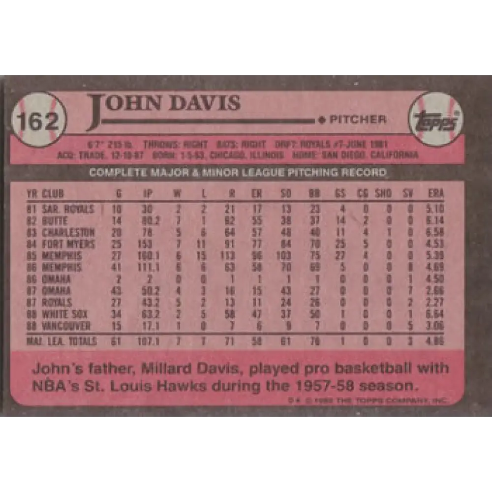 1989 Topps #162 John Davis NM-MT Chicago White Sox Baseball Card Image 2