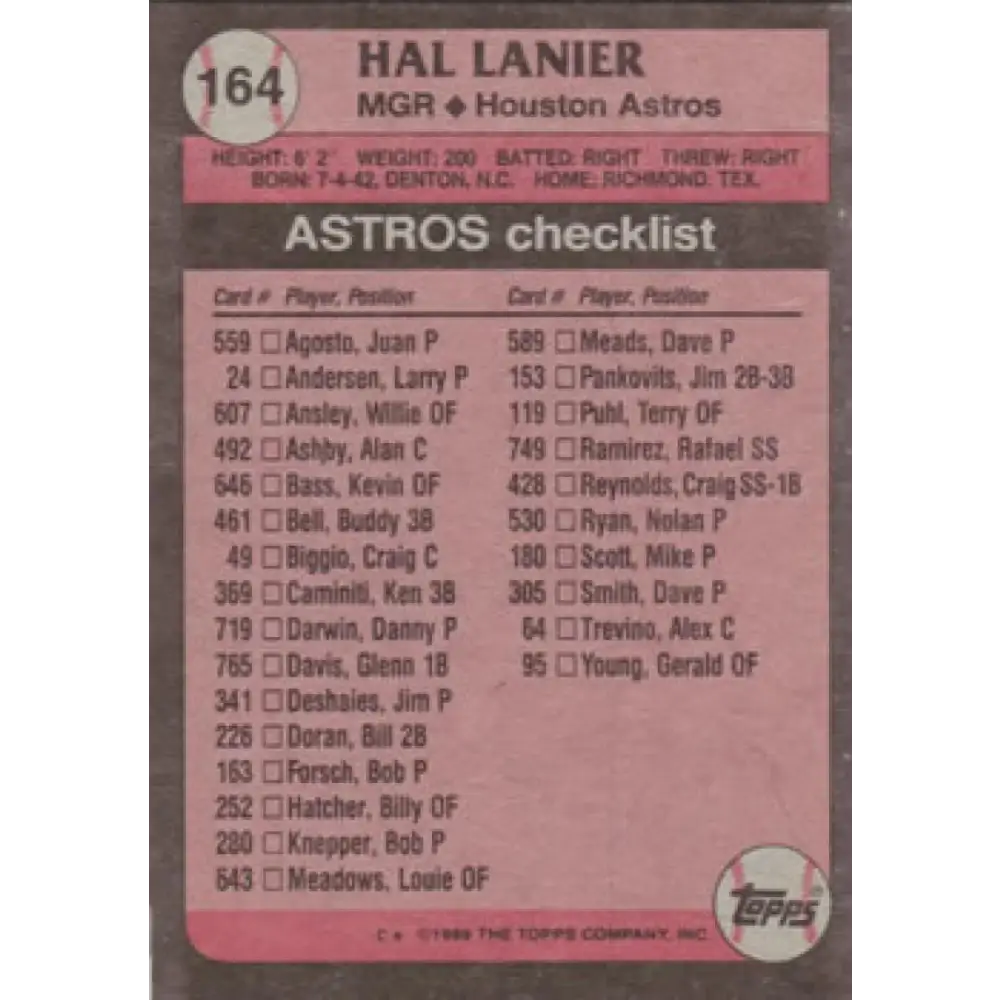 1989 Topps #164 Hal Lanier MG NM-MT Houston Astros Baseball Card Image 2