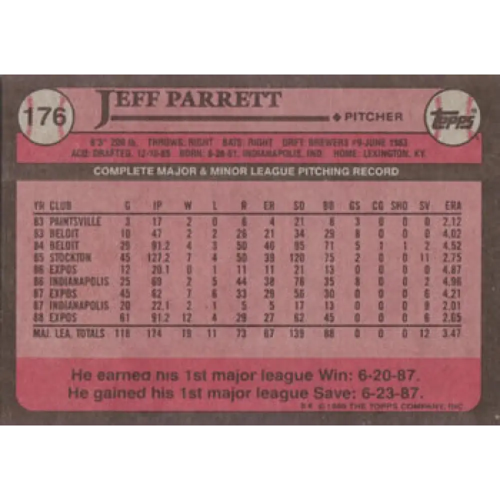 1989 Topps #176 Jeff Parrett NM-MT Montreal Expos Baseball Card Image 2