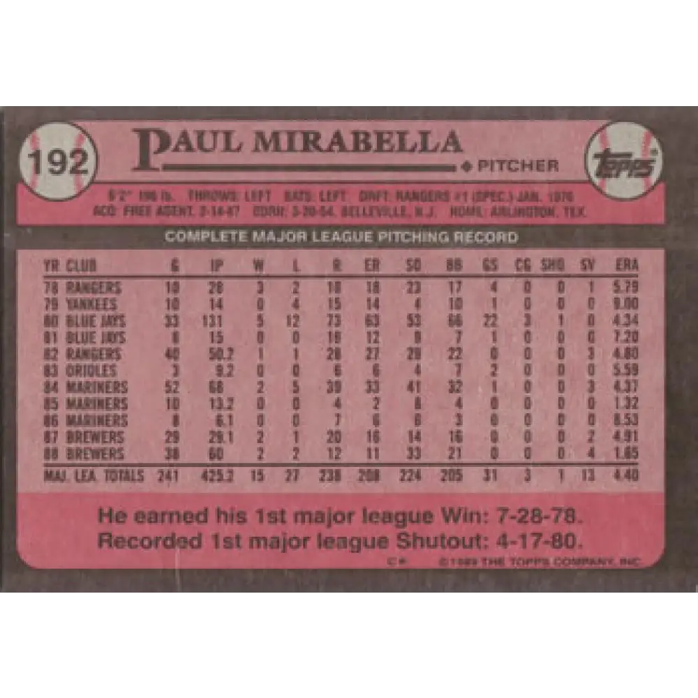 1989 Topps #192 Paul Mirabella NM-MT Milwaukee Brewers Baseball Card Image 2