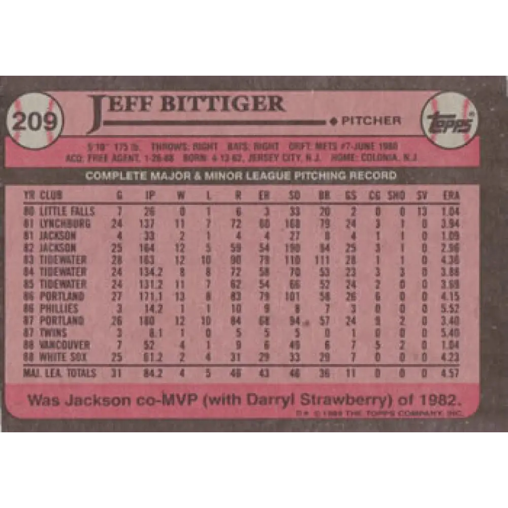 1989 Topps #209 Jeff Bittiger NM-MT RC Rookie Chicago White Sox Baseball Card Image 2