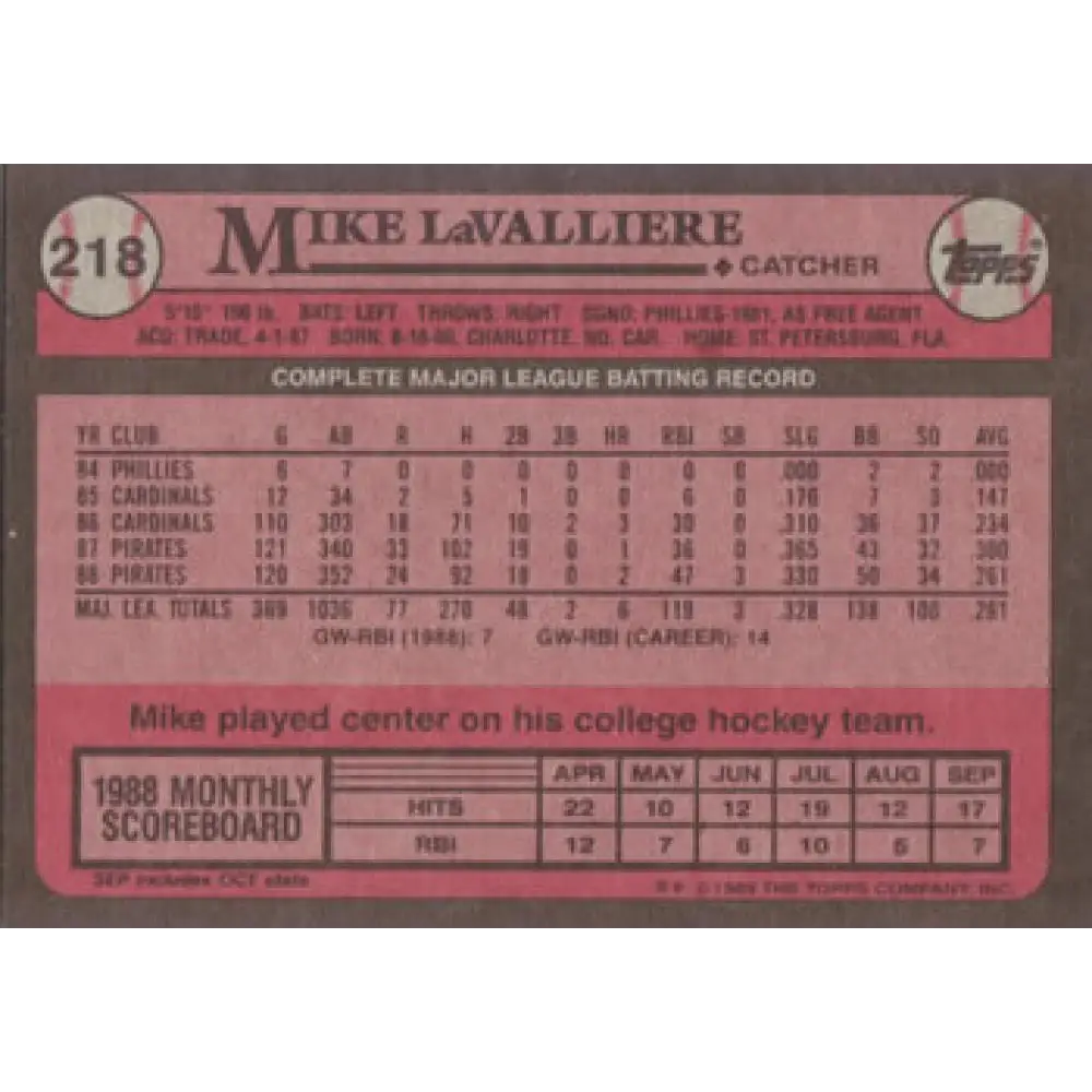 1989 Topps #218 Mike LaValliere NM-MT Pittsburgh Pirates Baseball Card Image 2