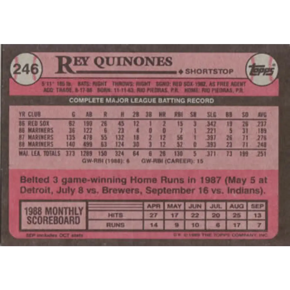 1989 Topps #246 Rey Quinones NM-MT Seattle Mariners Baseball Card Image 2