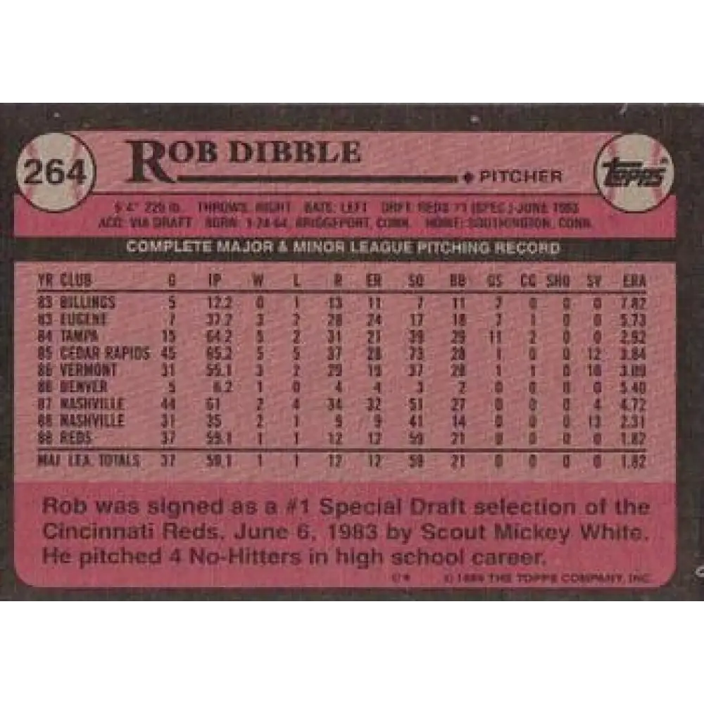 1989 Topps #264 Rob Dibble NM-MT RC Rookie Cincinnati Reds Baseball Card Image 2