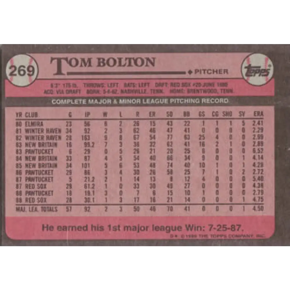 1989 Topps #269 Tom Bolton NM-MT Boston Red Sox Baseball Card Image 2