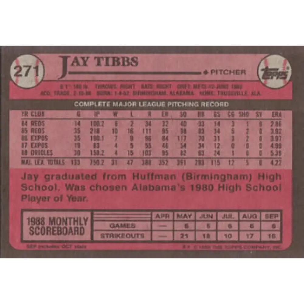 1989 Topps #271 Jay Tibbs NM-MT Baltimore Orioles Baseball Card Image 2