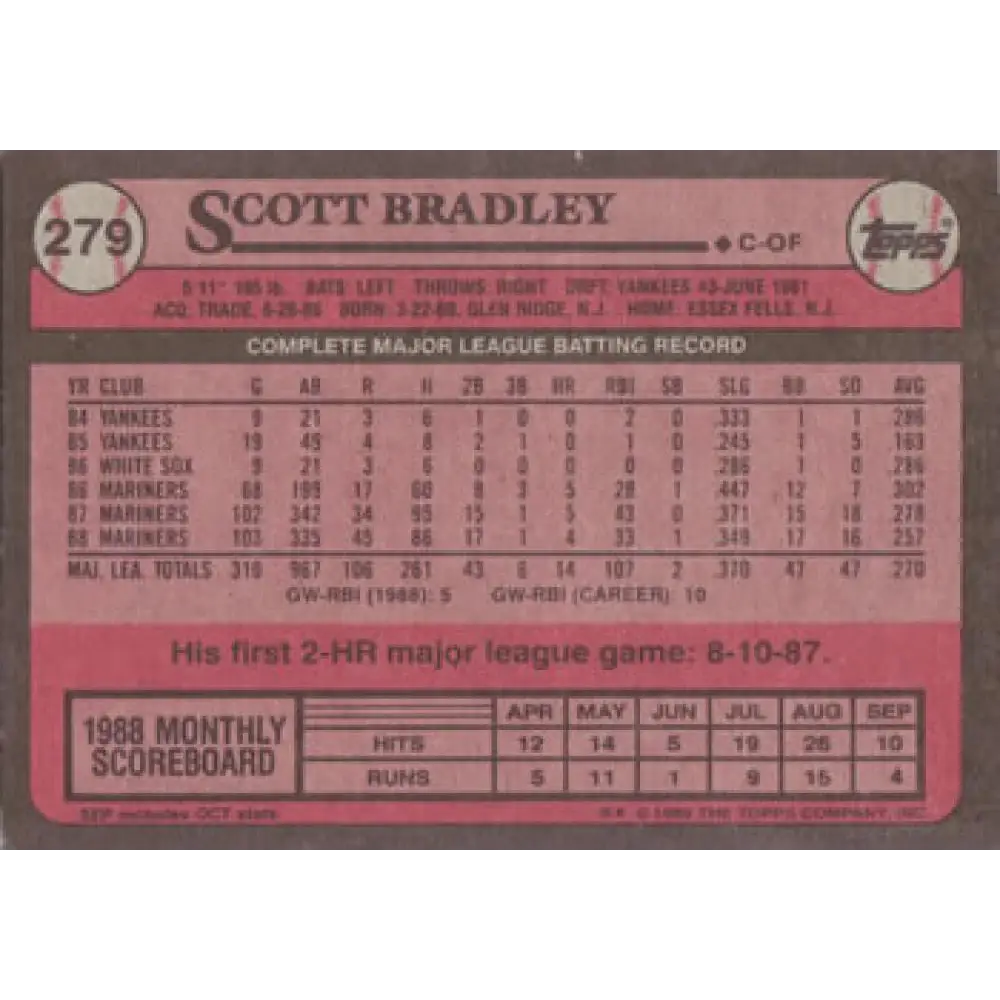 1989 Topps #279 Scott Bradley NM-MT Seattle Mariners Baseball Card Image 2