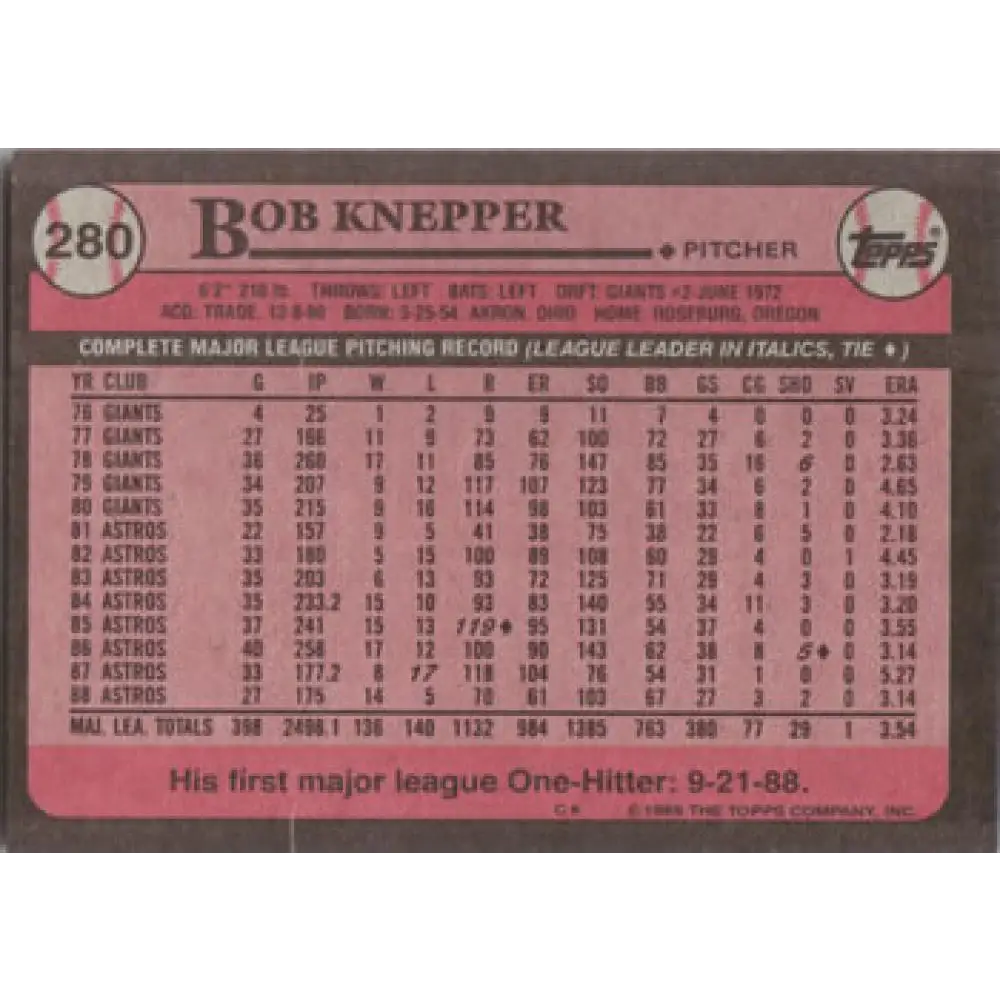 1989 Topps #280 Bob Knepper NM-MT Houston Astros Baseball Card Image 2