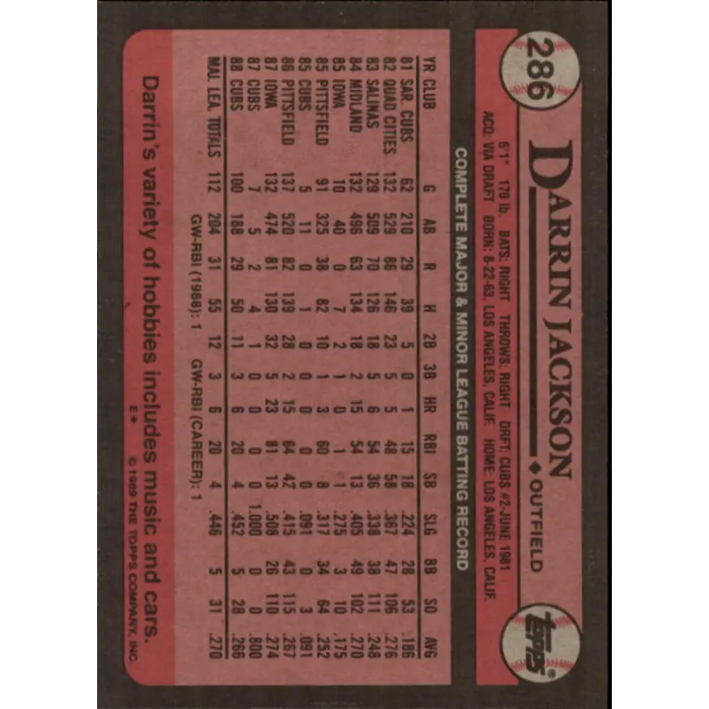 1989 Topps #286 Darrin Jackson NM-MT Chicago Cubs Baseball Card Image 2
