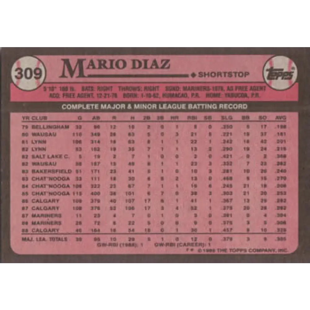 1989 Topps #309 Mario Diaz NM-MT Seattle Mariners Baseball Card Image 2