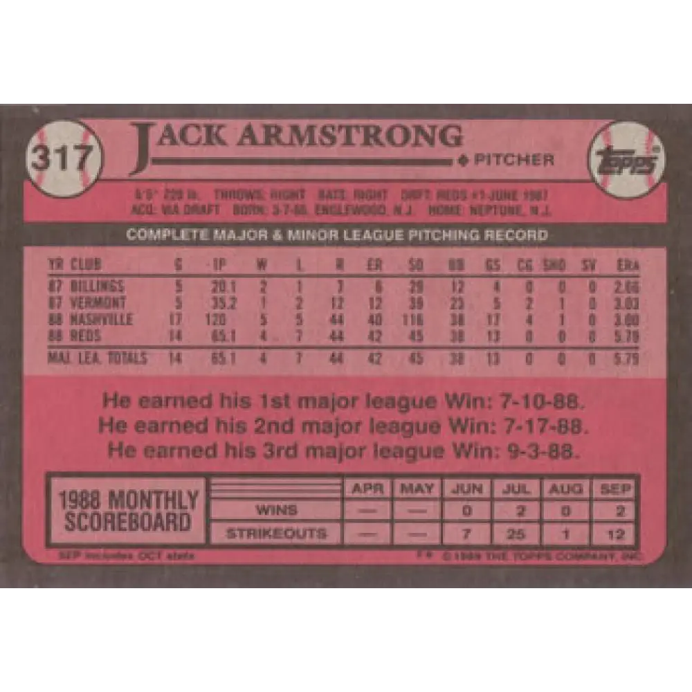 1989 Topps #317 Jack Armstrong NM-MT RC Rookie Cincinnati Reds Baseball Card Image 2