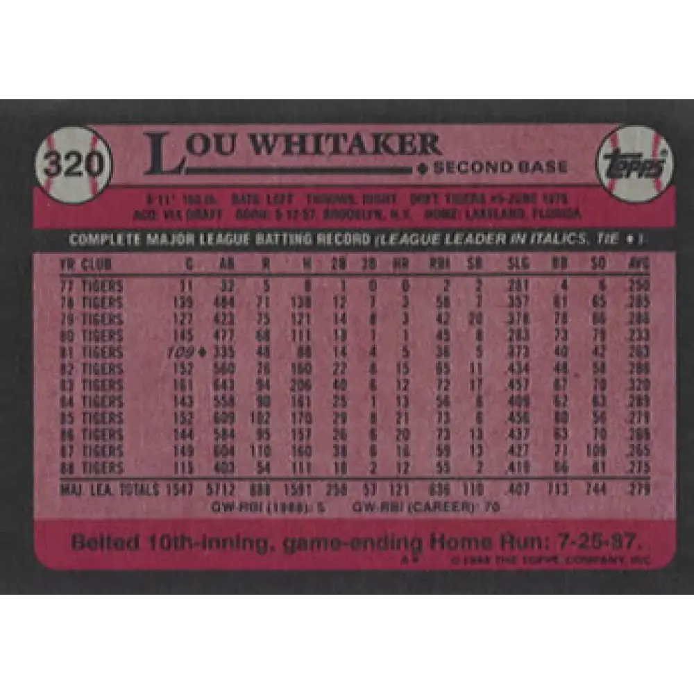1989 Topps #320 Lou Whitaker NM-MT Detroit Tigers Baseball Card Image 2