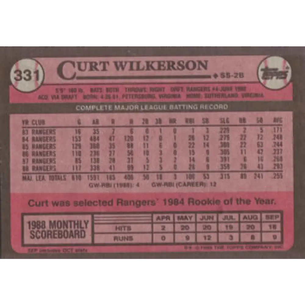 1989 Topps #331 Curtis Wilkerson NM-MT Texas Rangers Baseball Card Image 2