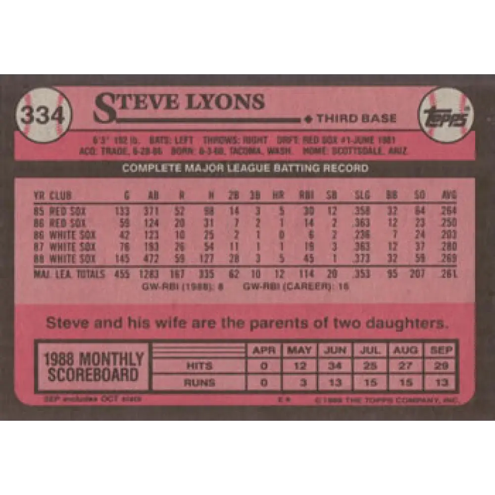 1989 Topps #334 Steve Lyons NM-MT Chicago White Sox Baseball Card Image 2